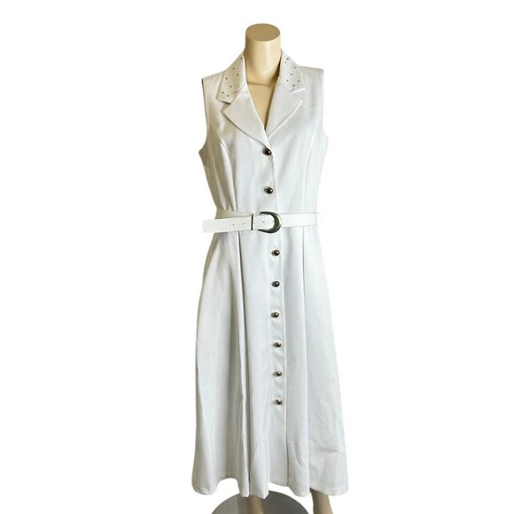 Vtg 80s White Sleeveless Button Down Midi Dress Sz 14 Belted Gold Studs Canadian - Picture 2 of 8